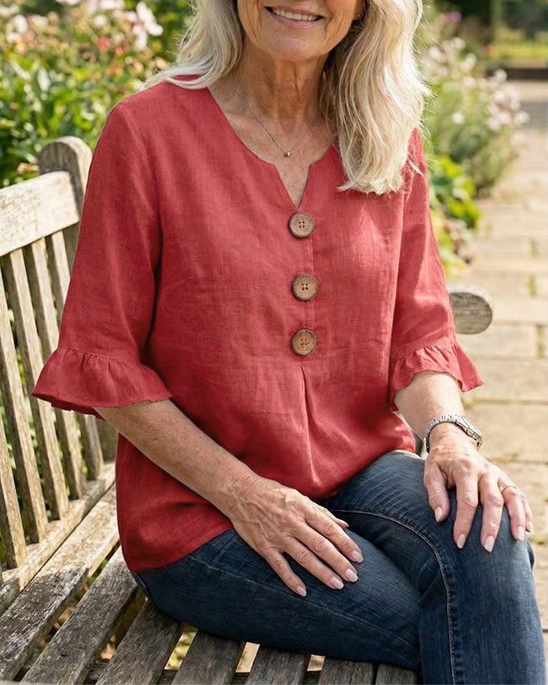 MADISON | V-NECK BLOUSE WITH WOODEN BUTTONS AND RUFFLE SLEEVES