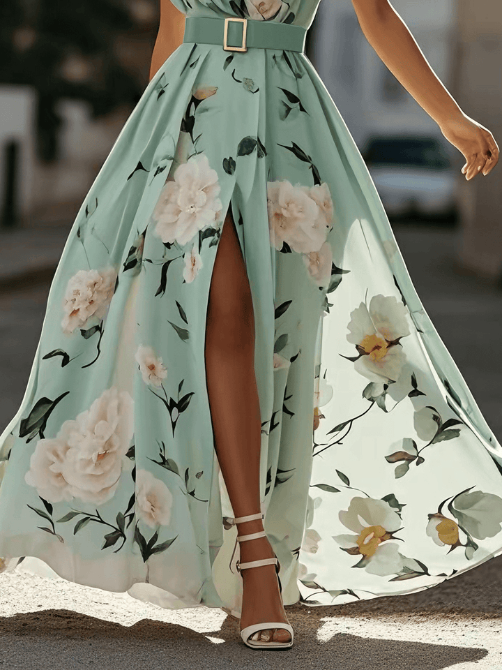 JULIE | LIGHT GREEN FLORAL CHIFFON ONE-SHOULDER MAXI DRESS