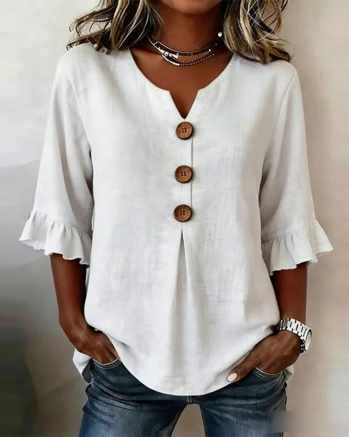 MADISON | V-NECK BLOUSE WITH WOODEN BUTTONS AND RUFFLE SLEEVES