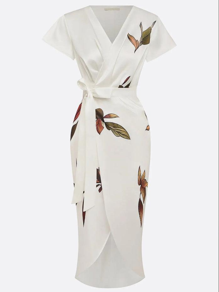 JUDY | WHITE LEAF SHORT SLEEVE SATIN MIDI DRESS