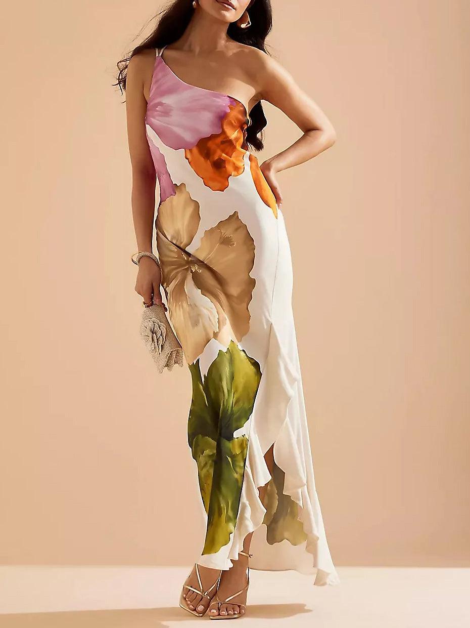 KIRA | RESORT VIBES ELEGANT FLORAL PRINT ONE-SHOULDER MAXI DRESS