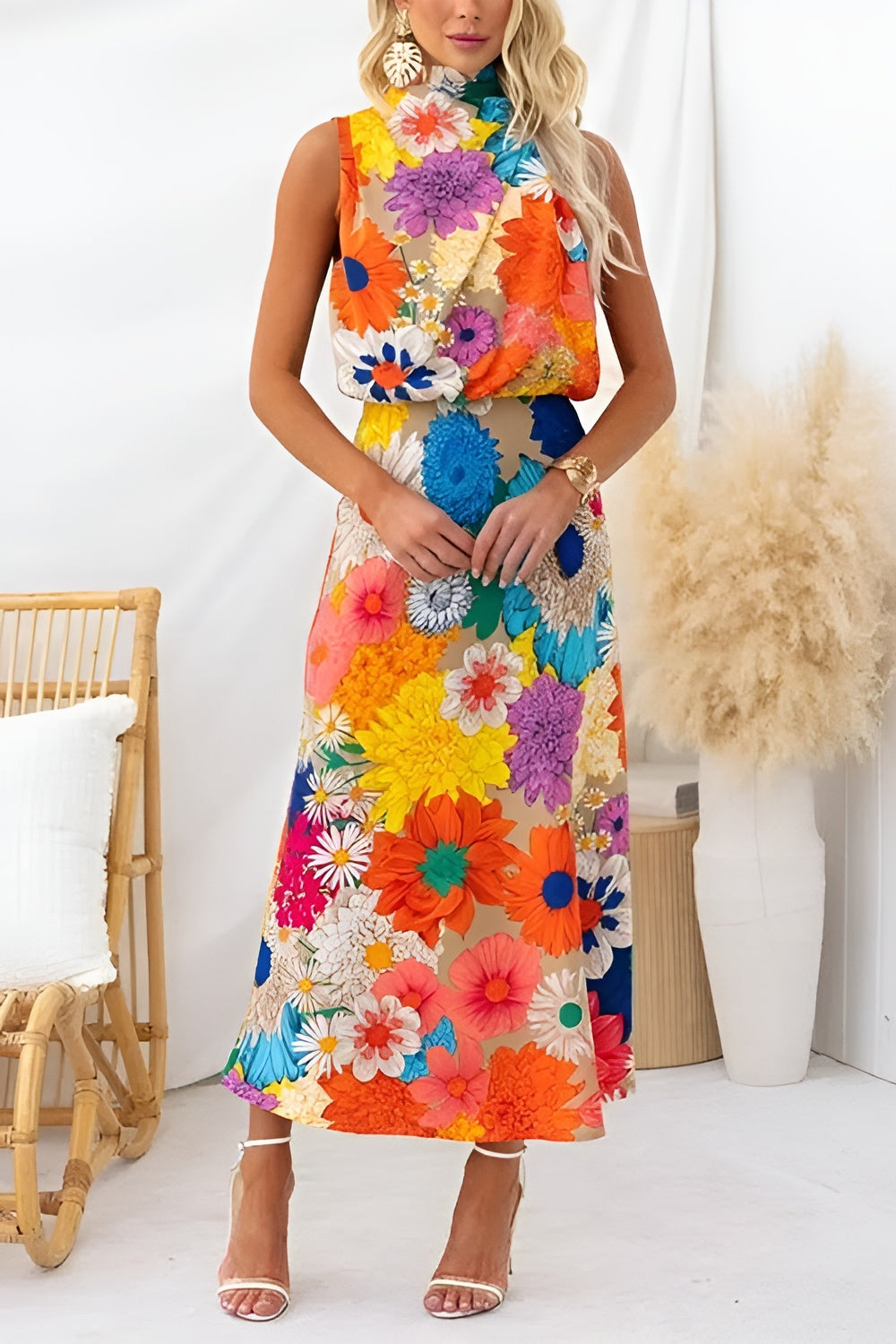 SUMMER | SLEEVELESS TIE NECK WAISTED FLORAL PRINT MAXI DRESS