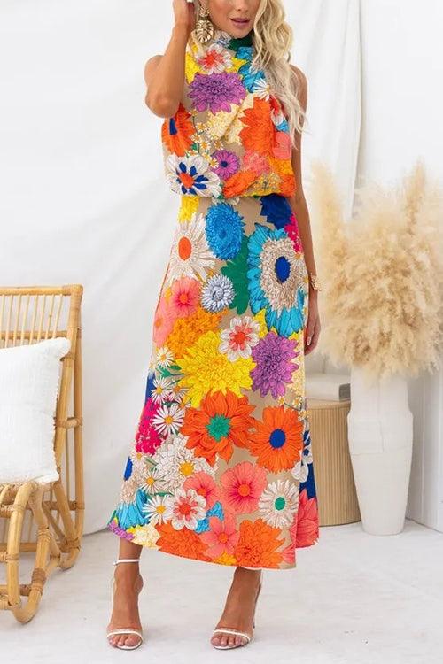 SUMMER | SLEEVELESS TIE NECK WAISTED FLORAL PRINT MAXI DRESS