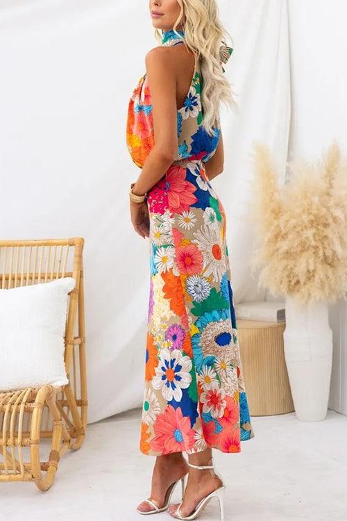 SUMMER | SLEEVELESS TIE NECK WAISTED FLORAL PRINT MAXI DRESS