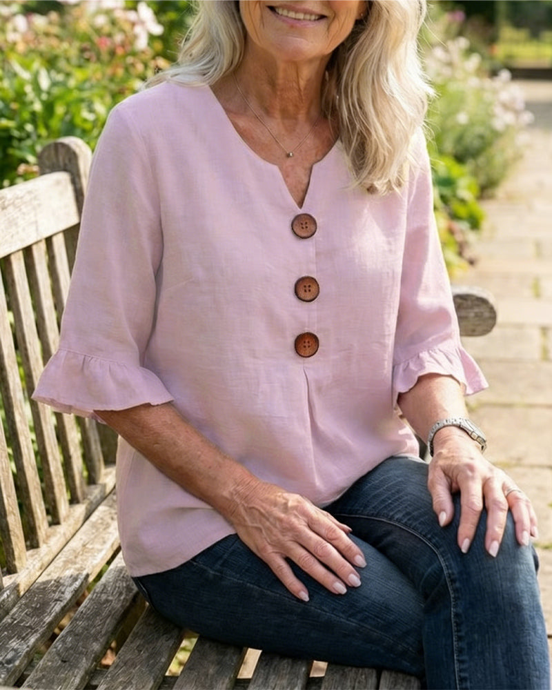 MADISON | V-NECK BLOUSE WITH WOODEN BUTTONS AND RUFFLE SLEEVES
