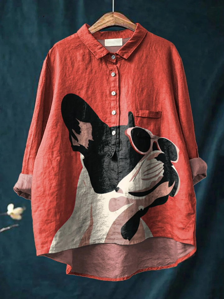 EVIE | DECORATIVE PATTERN OF FRENCH BULLDOG WEARING SUNGLASSES ON RED BACKGROUND CASUAL SHIRT
