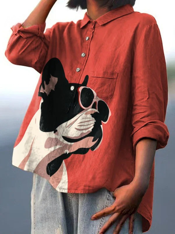 EVIE | DECORATIVE PATTERN OF FRENCH BULLDOG WEARING SUNGLASSES ON RED BACKGROUND CASUAL SHIRT