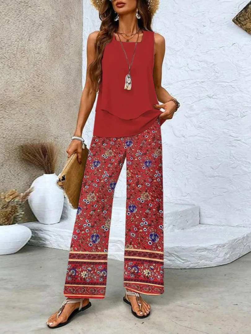 OVELYNRA | SLEEVELESS TOP AND WIDE-LEG PANTS SET