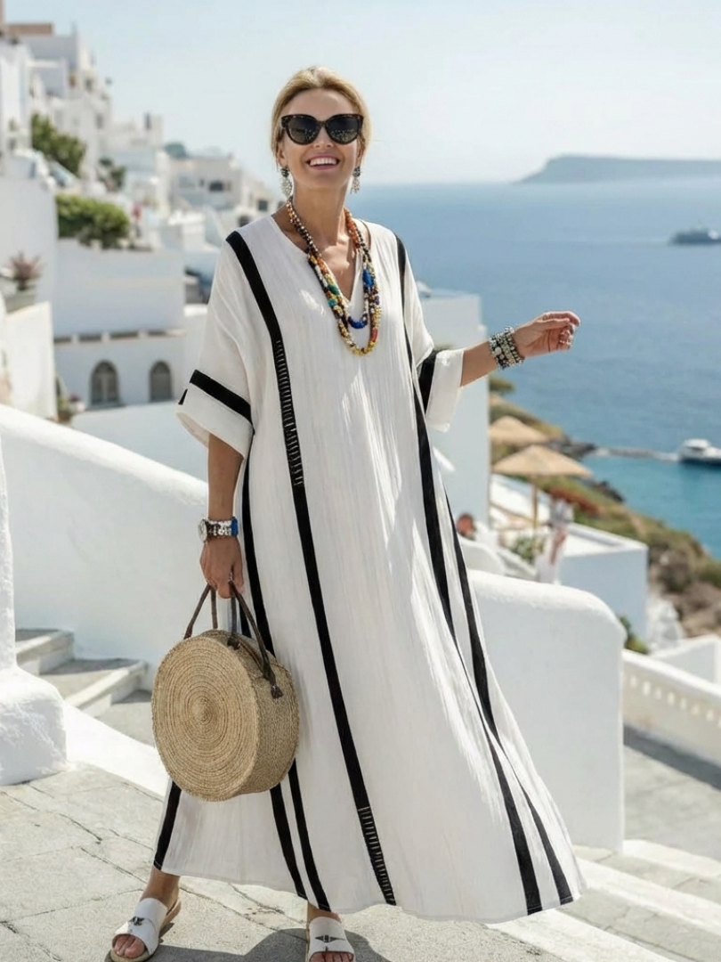 ELVIENNE | SHORT SLEEVE COLOR BLOCK STRIPED MAXI DRESS