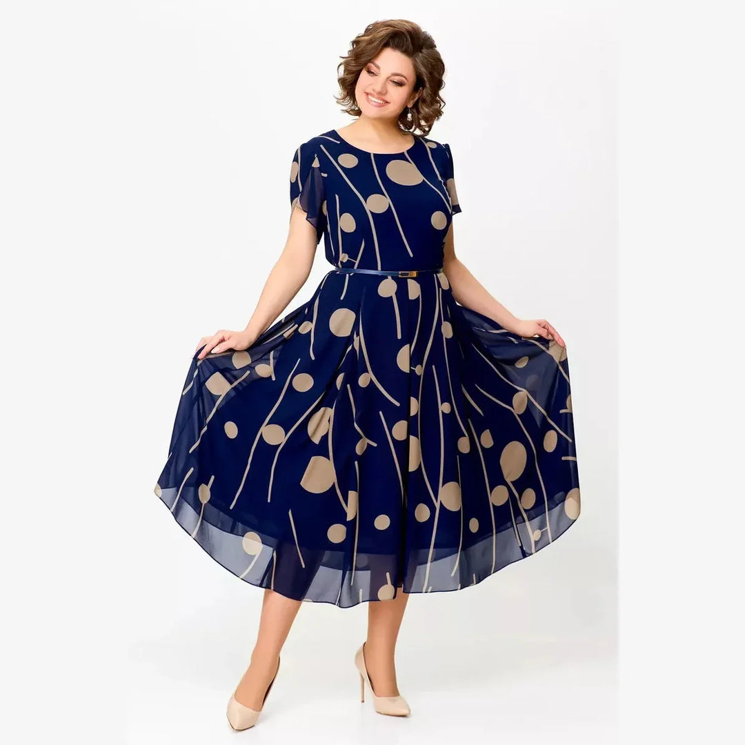 LEONIE | NAVY POLKA DOT PRINT CHIFFON MIDI DRESS