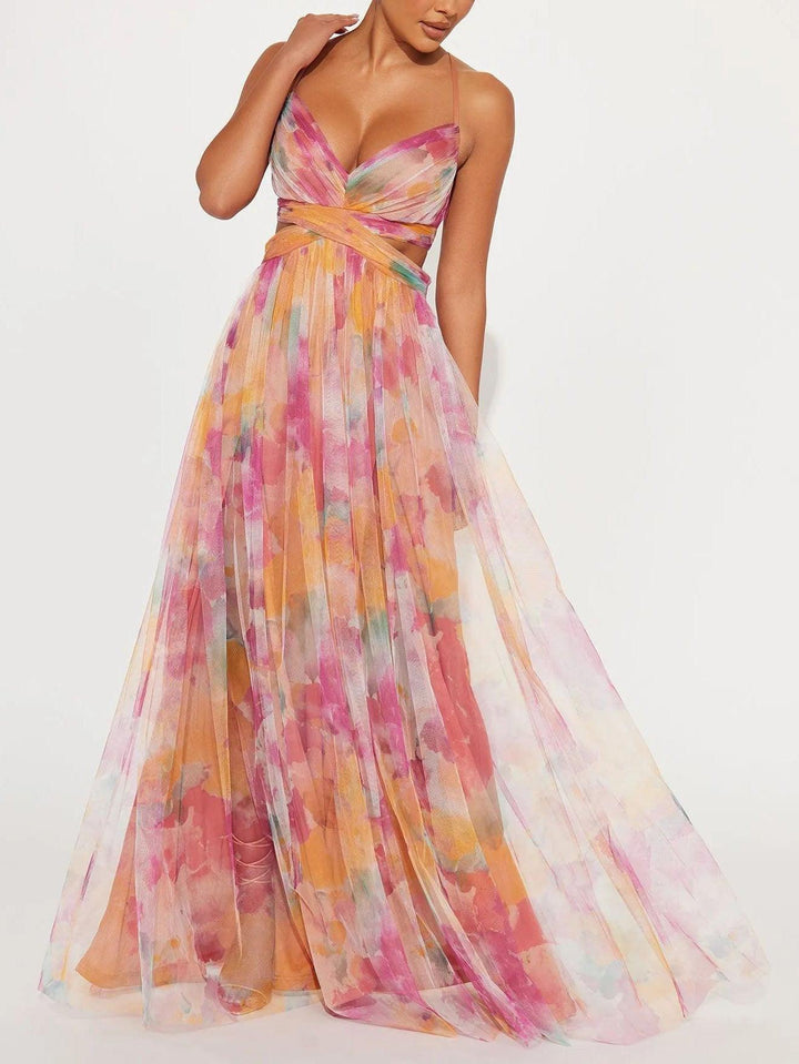 KAREN | PAINTED FLORAL PRINT V-NECK MAXI DRESS