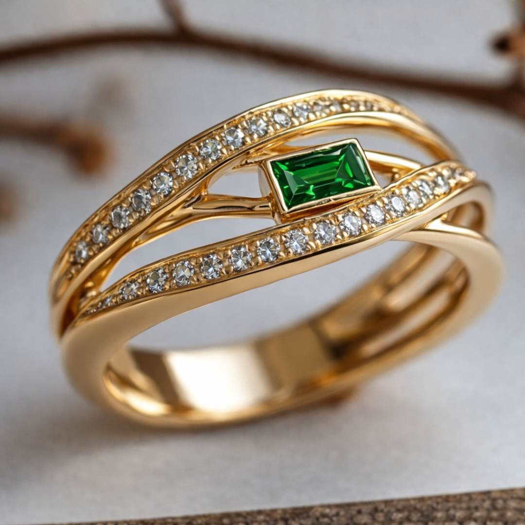 IVY | EMERALD RING WITH GOLDEN IVY DESIGN