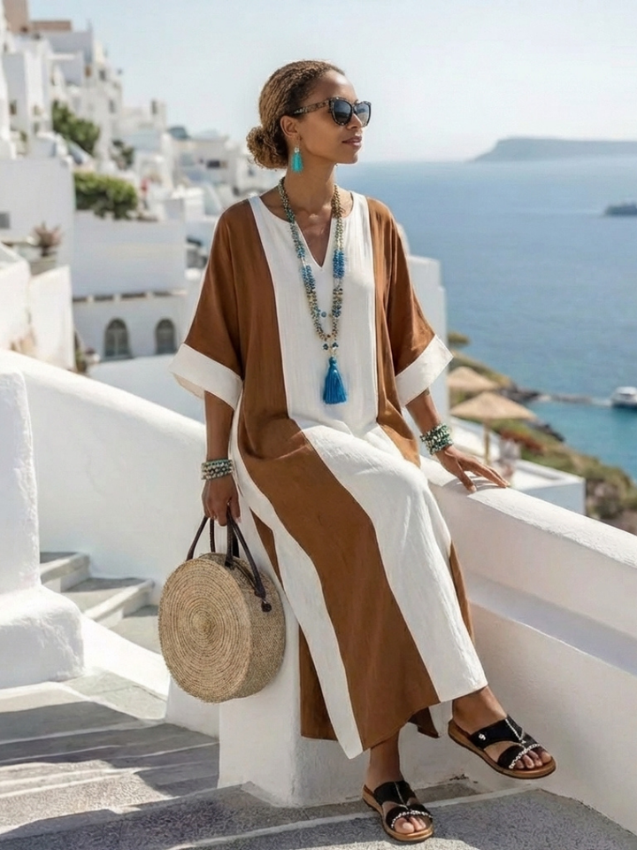 CALINDRA | SHORT SLEEVE COLOR BLOCK RELAXED MAXI DRESS