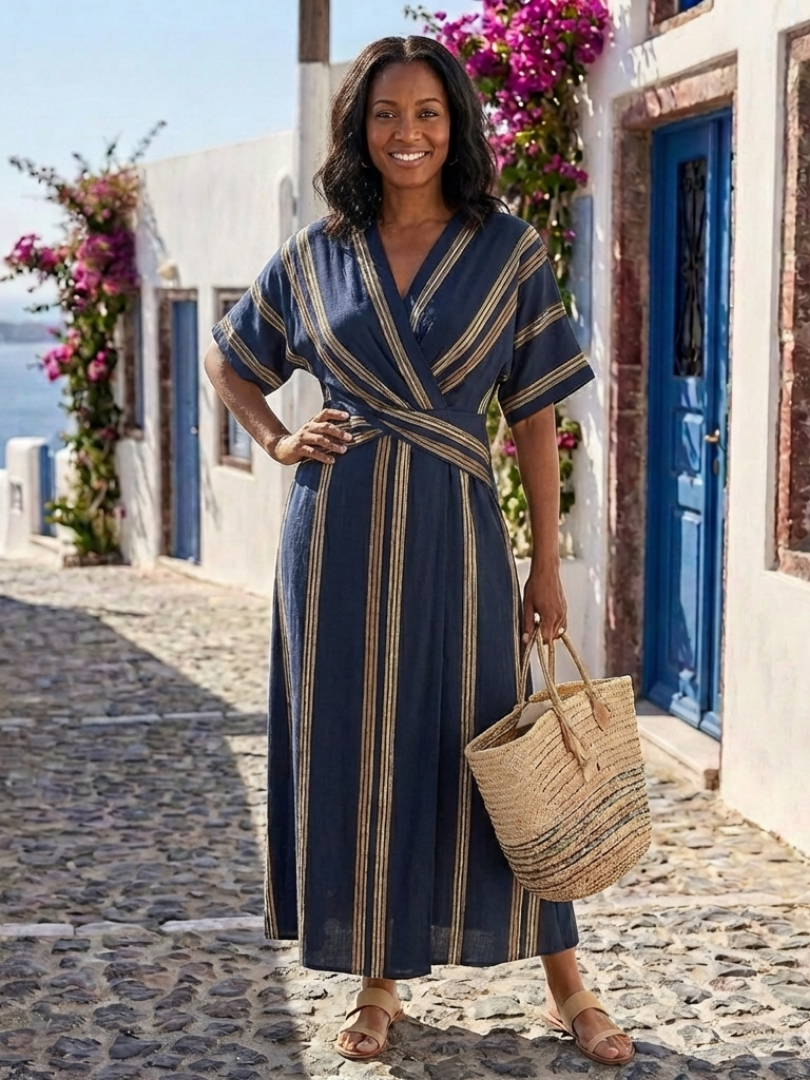 SAPHIRA | V NECK SHORT SLEEVE STRIPED WRAP MIDI DRESS