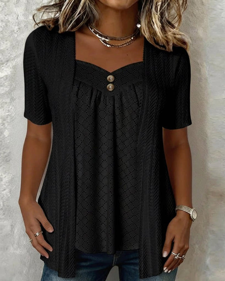 LILY | PATCHWORK FAUX LAYER SQUARE CUTOUT COLLAR BLOUSE