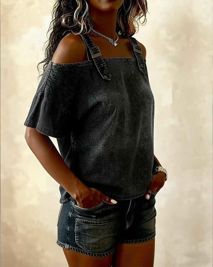 HARPER | OFF-SHOULDER BLOUSE WITH DENIM STRAPS