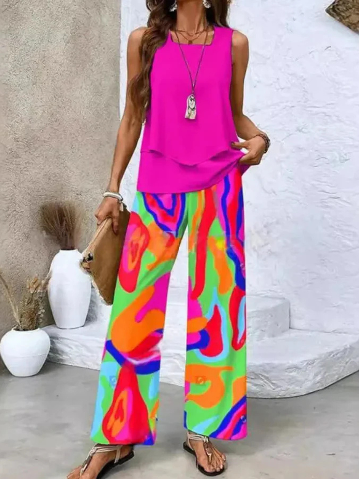 OVELYNRA | SLEEVELESS TOP AND WIDE-LEG PANTS SET
