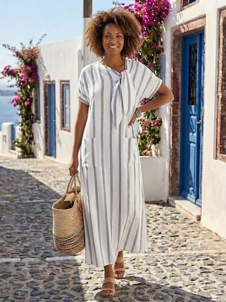 ELARIS | SHORT SLEEVE STRIPED TIE NECK POCKET MIDI DRESS