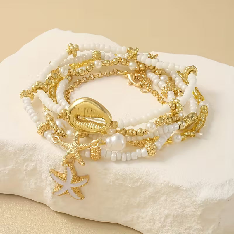 CORALIA | COASTAL GOLD &amp; PEARL BRACELET SET OF 6