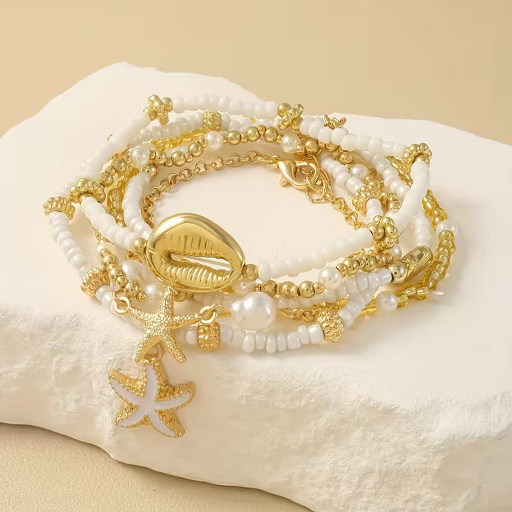 CORALIA | COASTAL GOLD &amp; PEARL BRACELET SET OF 6