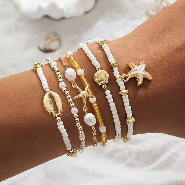 CORALIA | COASTAL GOLD &amp; PEARL BRACELET SET OF 6