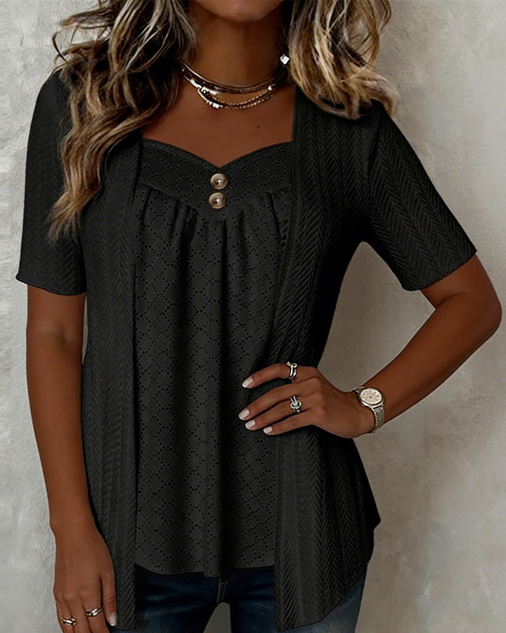 LILY | PATCHWORK FAUX LAYER SQUARE CUTOUT COLLAR BLOUSE