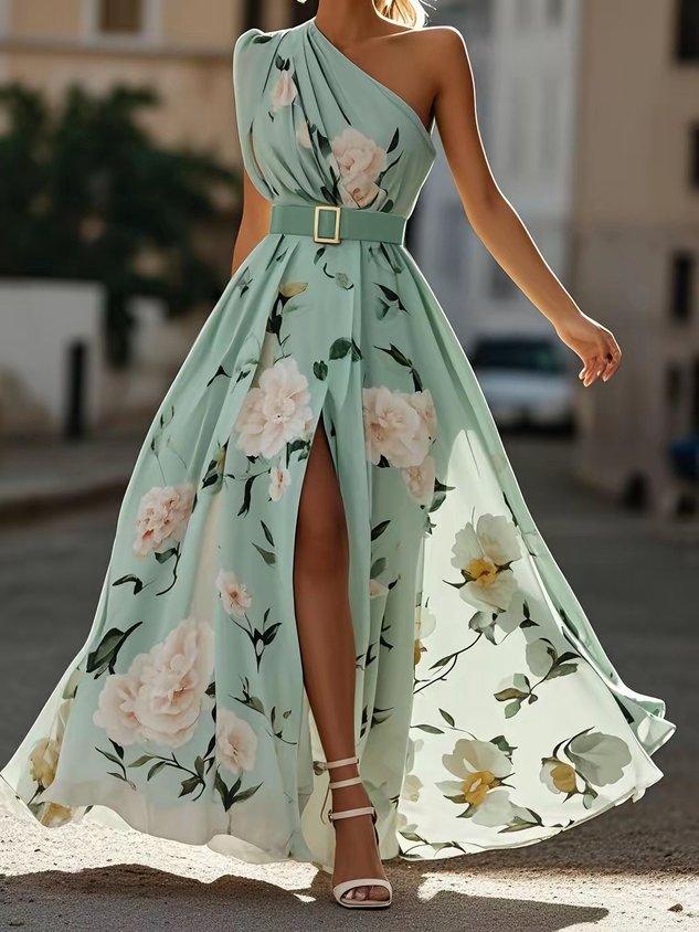 JULIE | LIGHT GREEN FLORAL CHIFFON ONE-SHOULDER MAXI DRESS