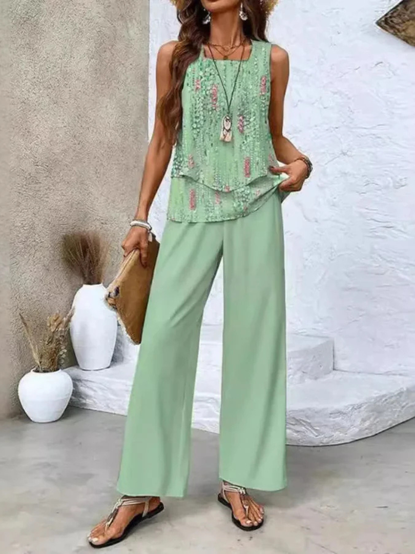 OVELYNRA | SLEEVELESS TOP AND WIDE-LEG PANTS SET