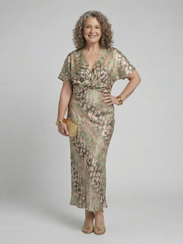 OLIVE | ABSTRACT PRINT TWIST WAIST MIDI DRESS