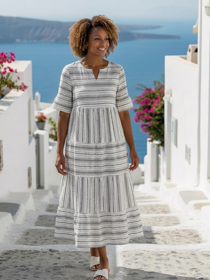 PARISA | SHORT SLEEVE STRIPED TIERED MIDI DRESS
