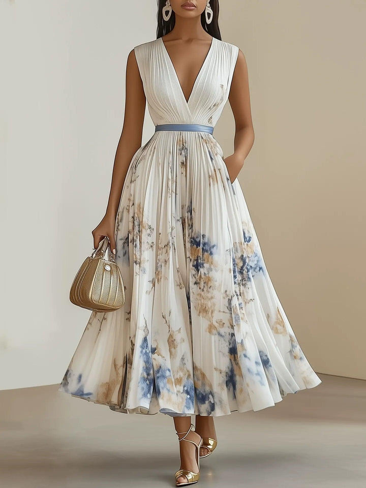 CHLOE | WHITE FLORAL CHIFFON V-NECK PLEATED MIDI DRESS