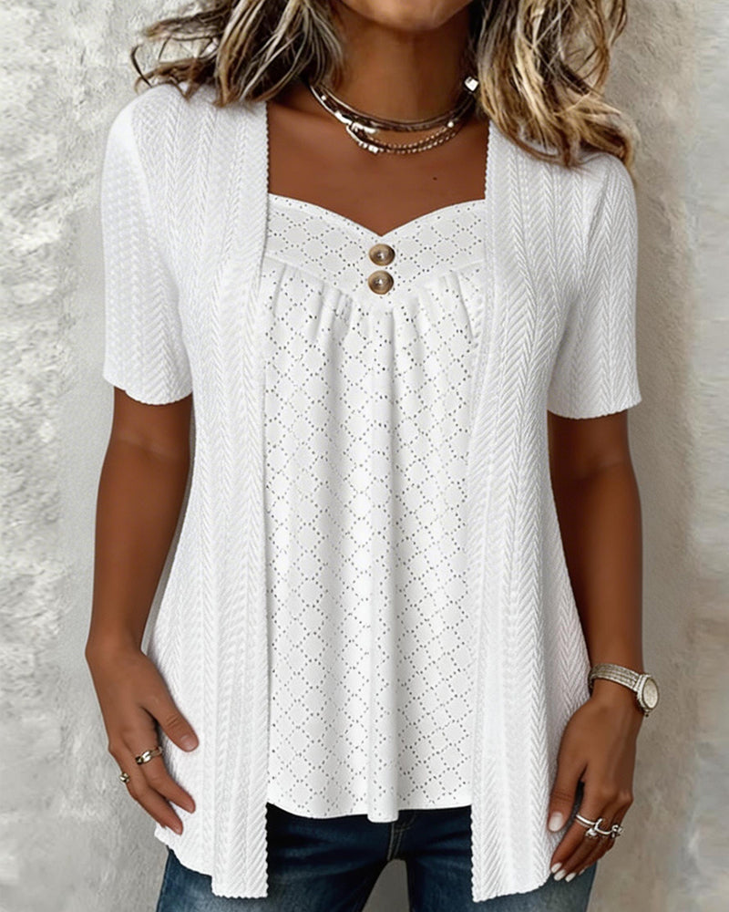 LILY | PATCHWORK FAUX LAYER SQUARE CUTOUT COLLAR BLOUSE