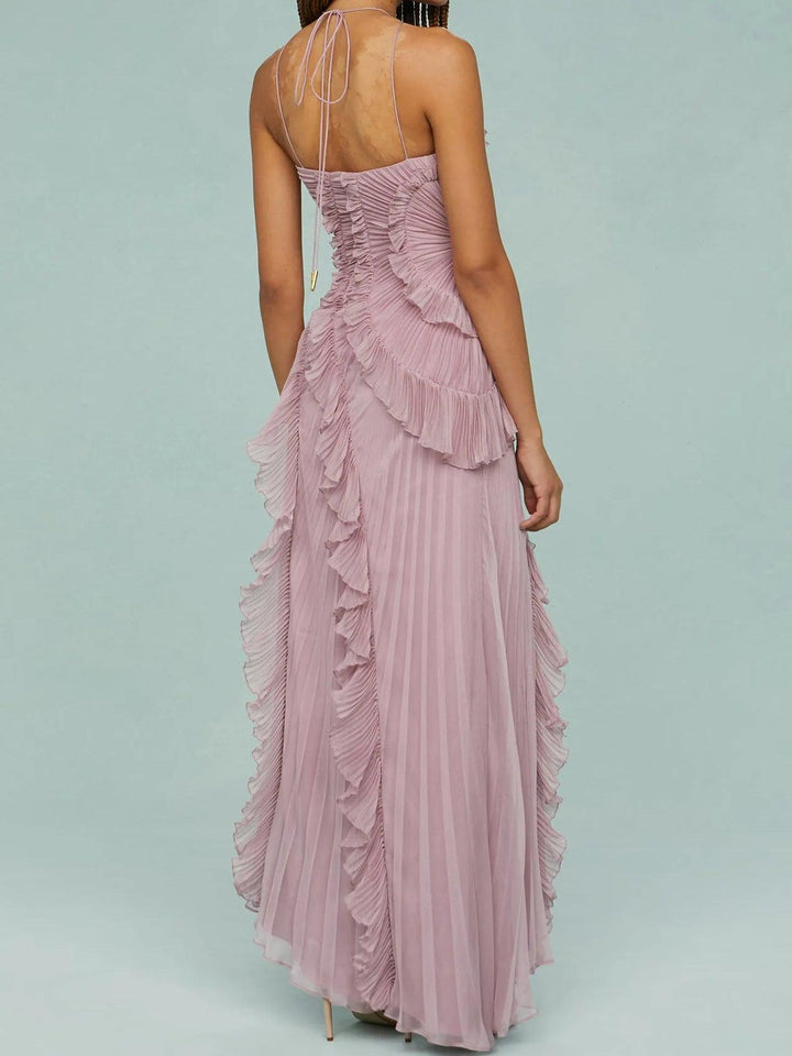 RUTH | PLEATED SUSPENDER LONG DRESS WITH SLITS DRESS
