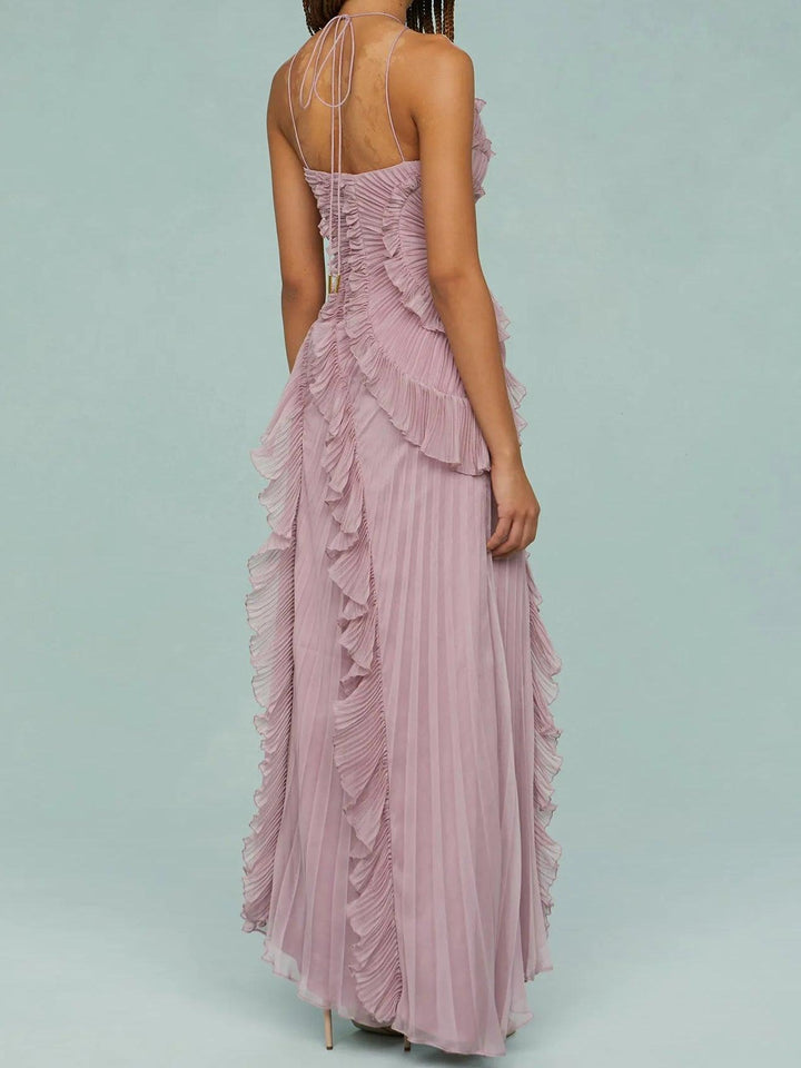 RUTH | PLEATED SUSPENDER LONG DRESS WITH SLITS DRESS