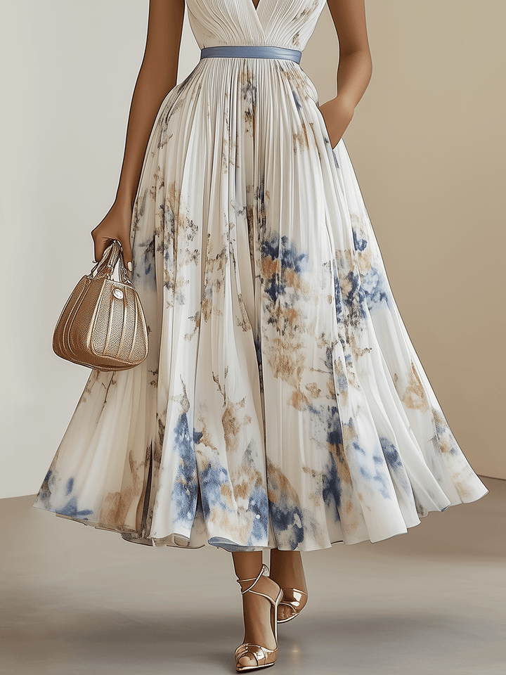CHLOE | WHITE FLORAL CHIFFON V-NECK PLEATED MIDI DRESS