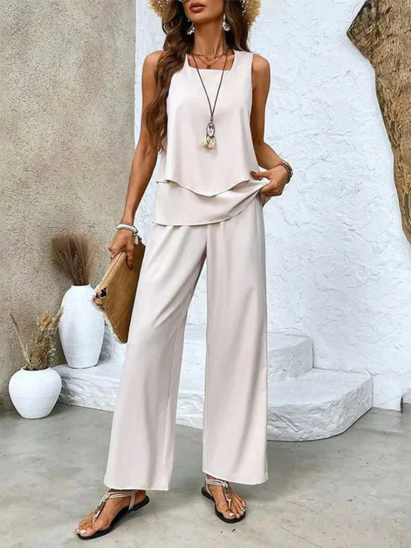 OVELYNRA | SLEEVELESS TOP AND WIDE-LEG PANTS SET