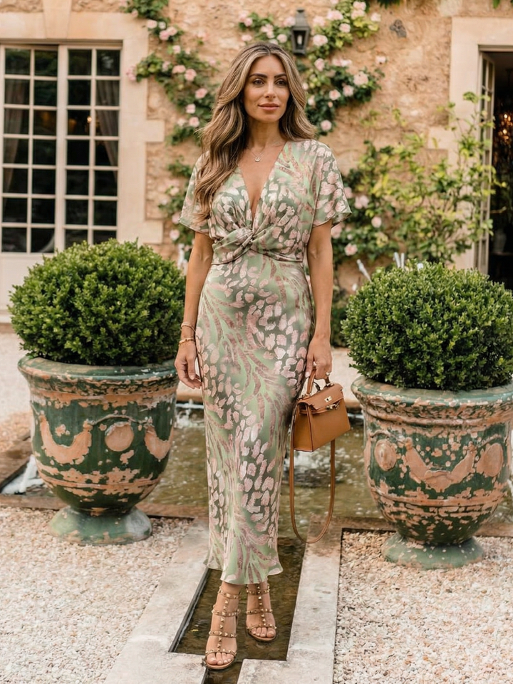 OLIVE | ABSTRACT PRINT TWIST WAIST MIDI DRESS