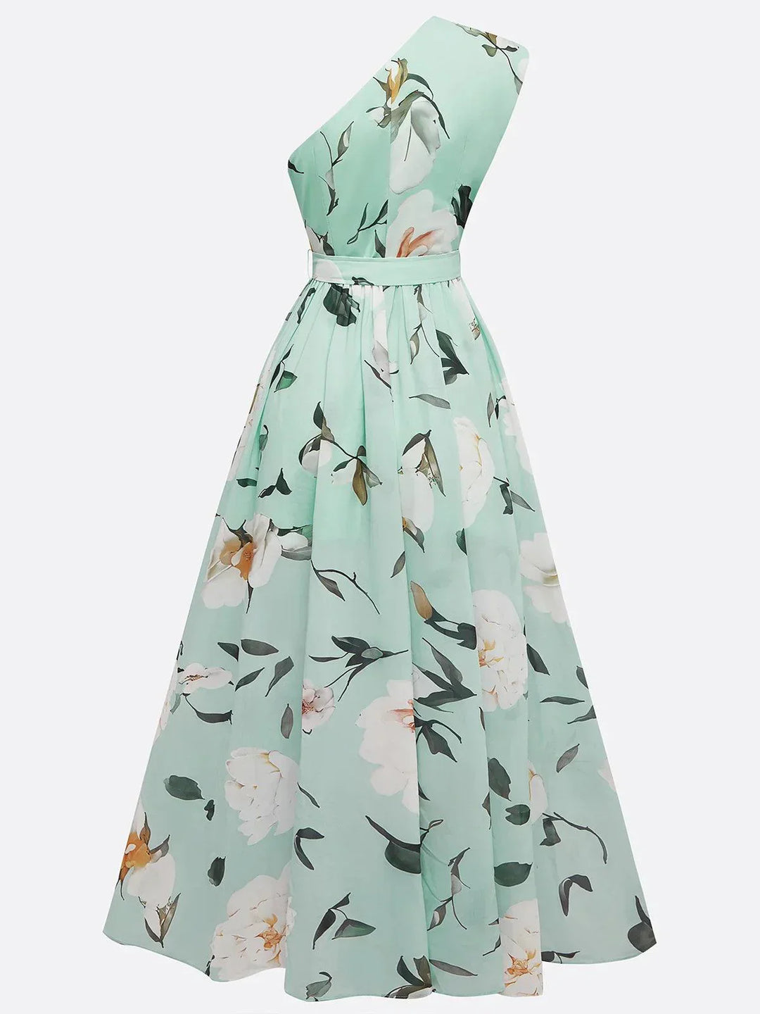 JULIE | LIGHT GREEN FLORAL CHIFFON ONE-SHOULDER MAXI DRESS