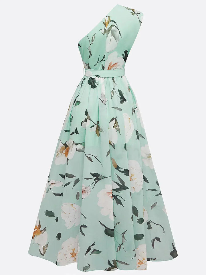 JULIE | LIGHT GREEN FLORAL CHIFFON ONE-SHOULDER MAXI DRESS