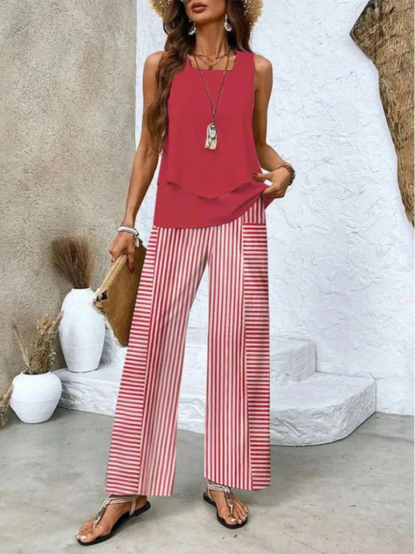 OVELYNRA | SLEEVELESS TOP AND WIDE-LEG PANTS SET