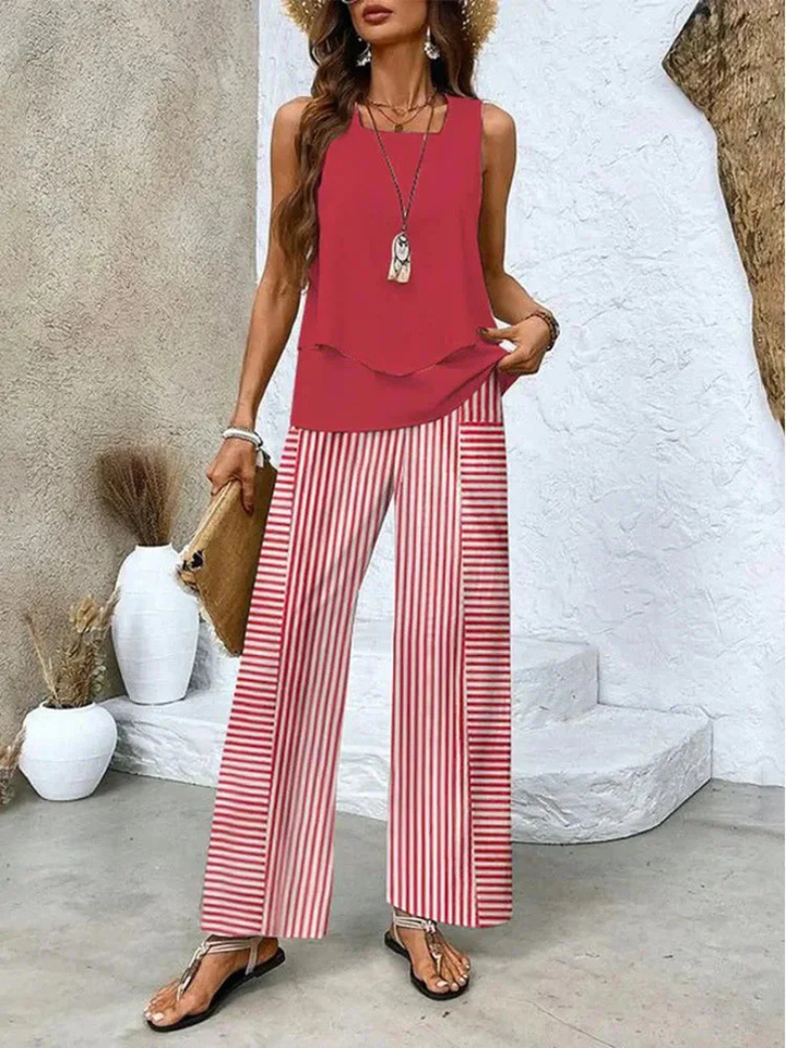 OVELYNRA | SLEEVELESS TOP AND WIDE-LEG PANTS SET