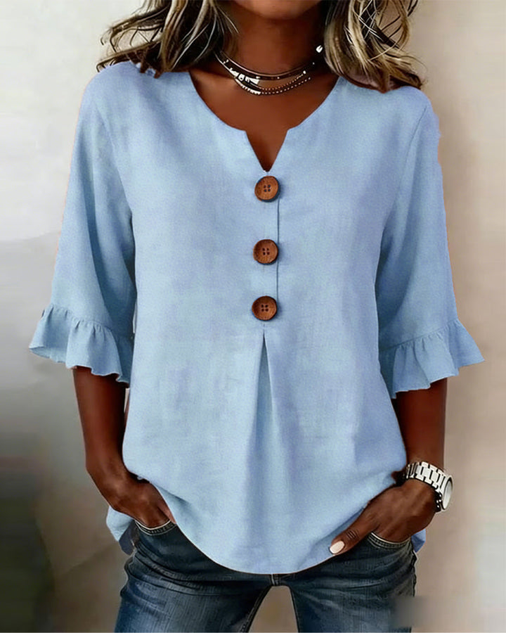 MADISON | V-NECK BLOUSE WITH WOODEN BUTTONS AND RUFFLE SLEEVES
