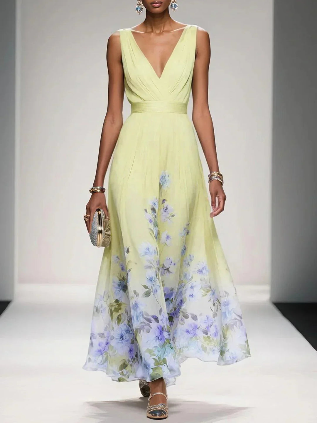 ROSE | LIGHT BLUE FLORAL CHIFFON V-NECK MAXI DRESS