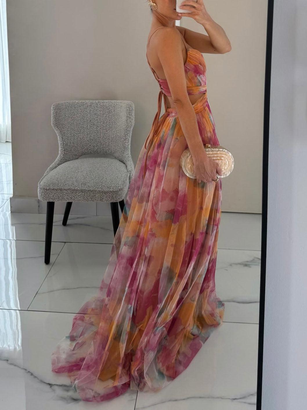 KAREN | PAINTED FLORAL PRINT V-NECK MAXI DRESS