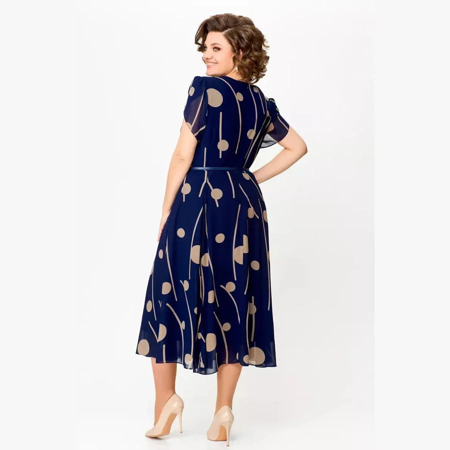 LEONIE | NAVY POLKA DOT PRINT CHIFFON MIDI DRESS