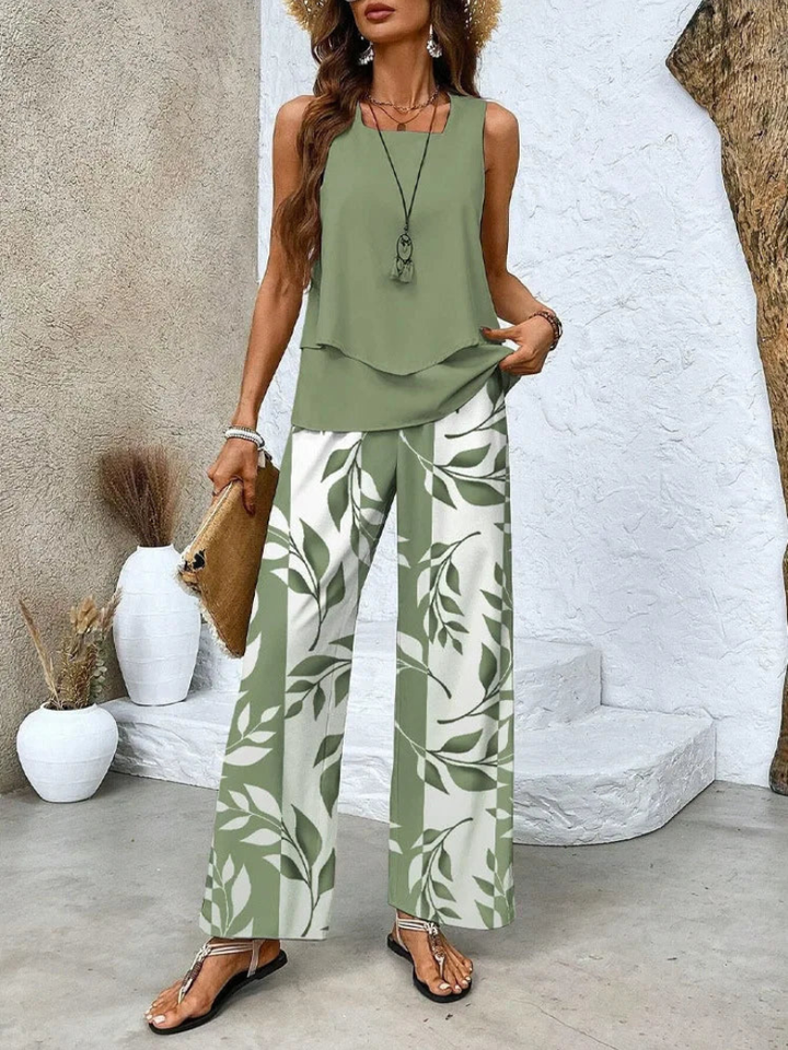 OVELYNRA | SLEEVELESS TOP AND WIDE-LEG PANTS SET