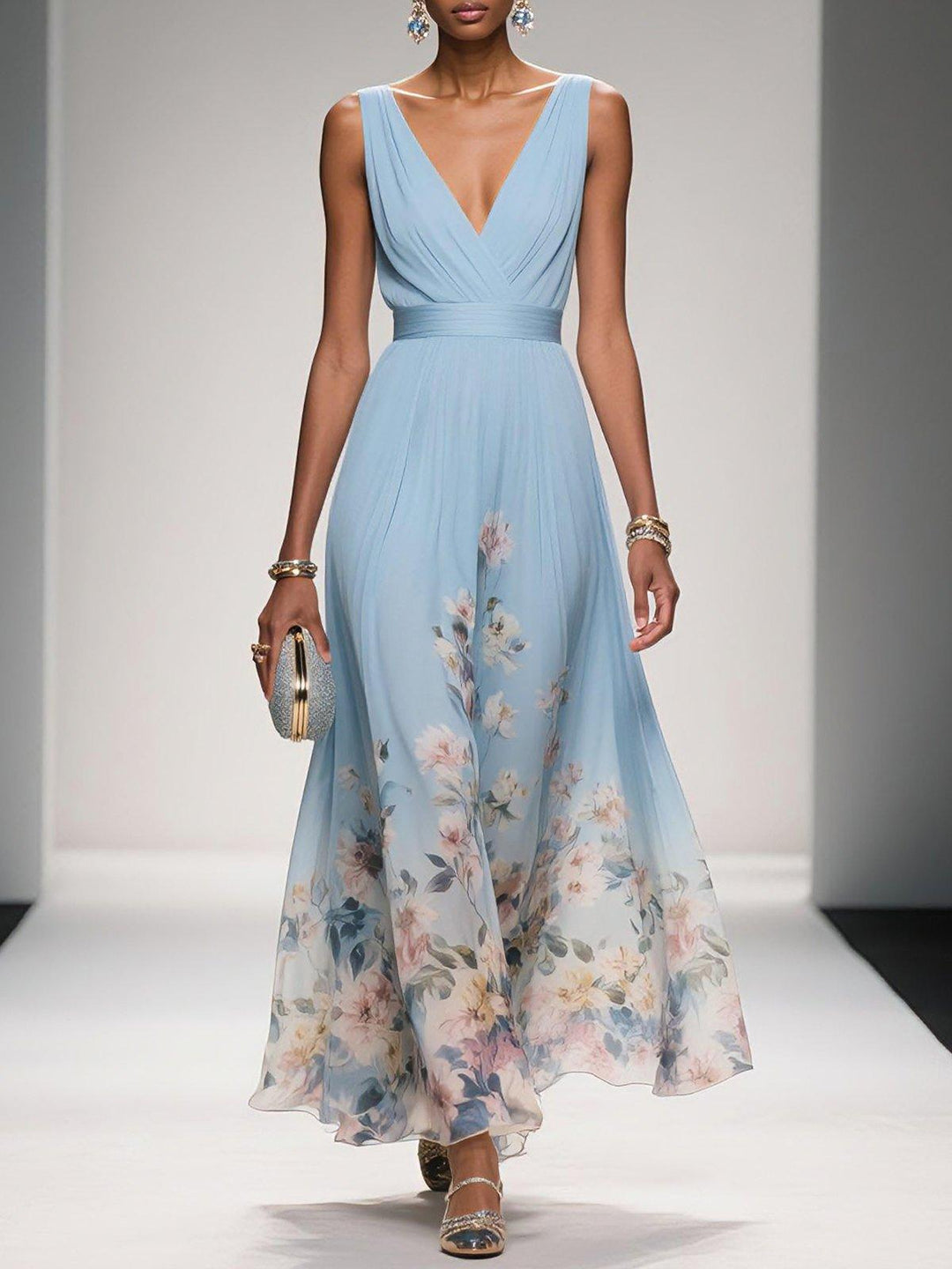 ROSE | LIGHT BLUE FLORAL CHIFFON V-NECK MAXI DRESS