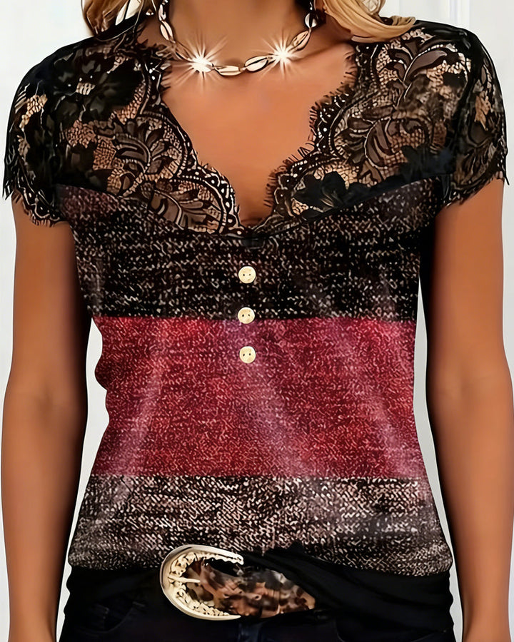 EMMA | V-NECK LACE PATCHWORK COLOR BLOCK T-SHIRT