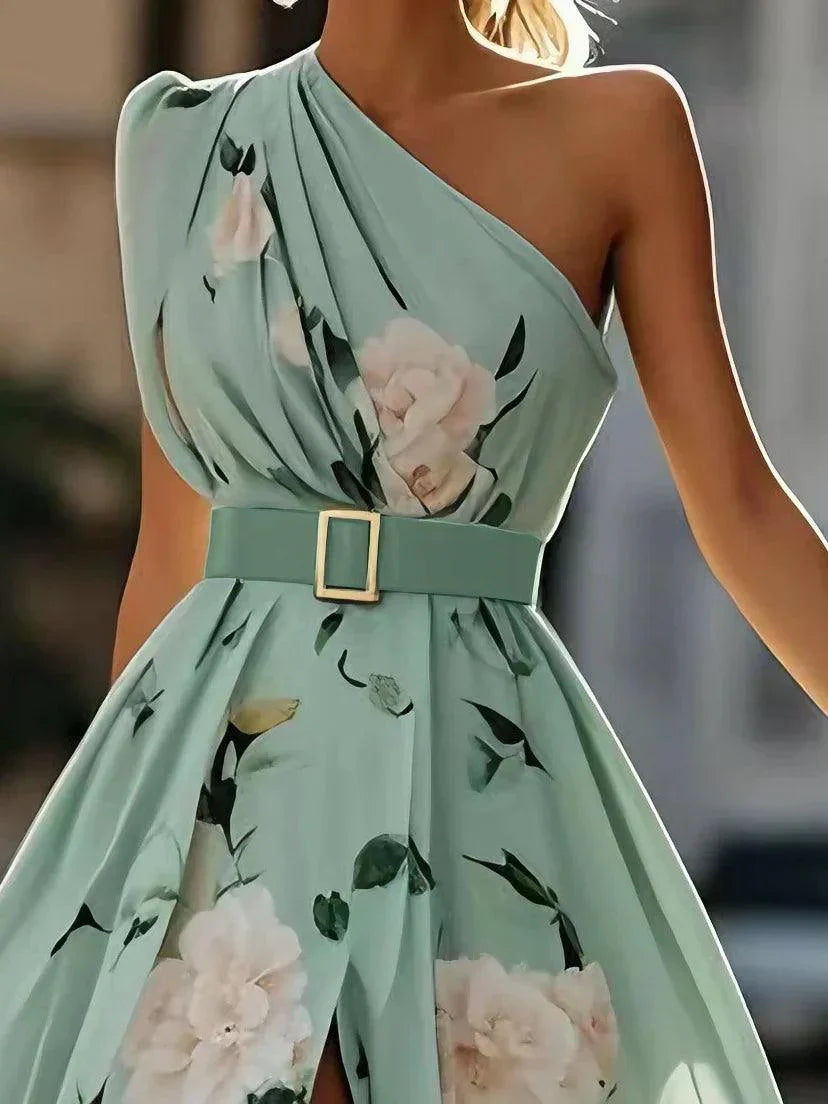 JULIE | LIGHT GREEN FLORAL CHIFFON ONE-SHOULDER MAXI DRESS