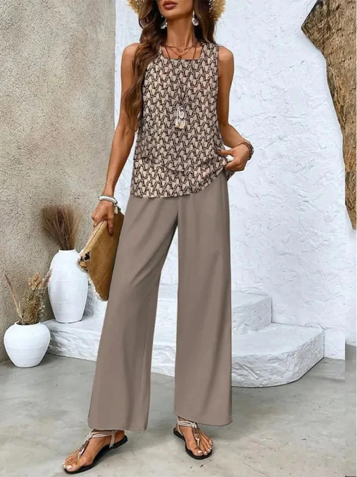 OVELYNRA | SLEEVELESS TOP AND WIDE-LEG PANTS SET